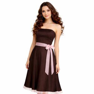 Vintage Alfred Angelo Brown Strapless Midi Dress w/ Pink Sash – Size 6